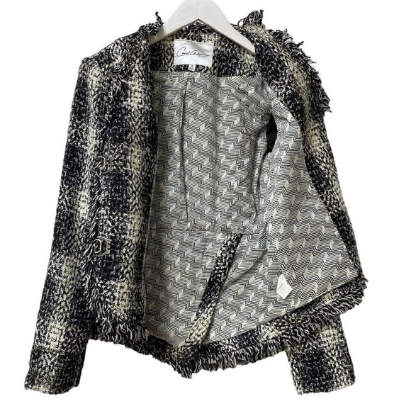CAROL ANDERSON  Tweed Fringe Blazer Size 2  Luxury Jacket Black Cream - Picture 5 of 11